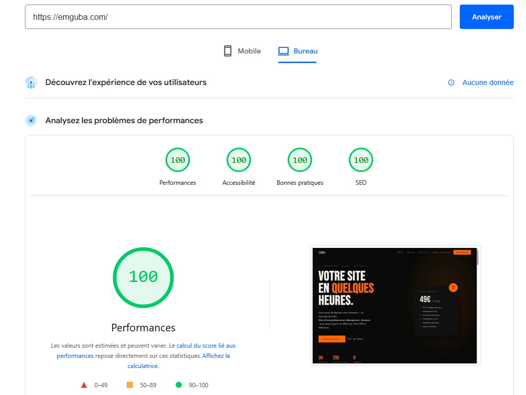 Capture PageSpeed Insights — emguba.com — 100/100/100/100 Bureau